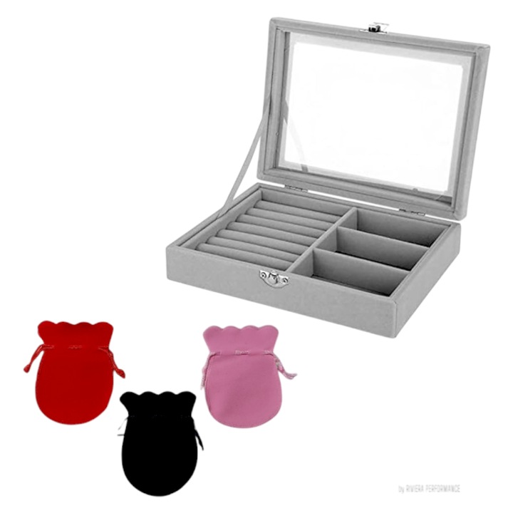 Декоративна кутия за бижута, 1 отделение за гривна и 3 отделения за пръстени и обеци, пластмаса, 20x15x5 см и комплект от 3 кадифени торбички, многоцветни, 12x8, 5 см