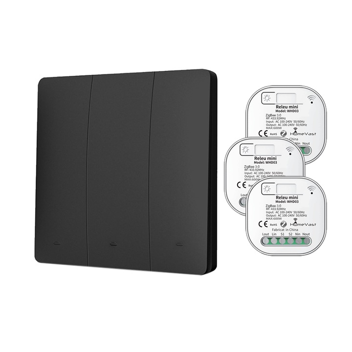 Kit 1 intrerupator cinetic RF433, HomeVast®, 3 canale, negru, plus 3 receivere inteligente, ZigBee+RF, on/off, compatibile Tuya, Smartlife, Google Home si Amazon Alexa