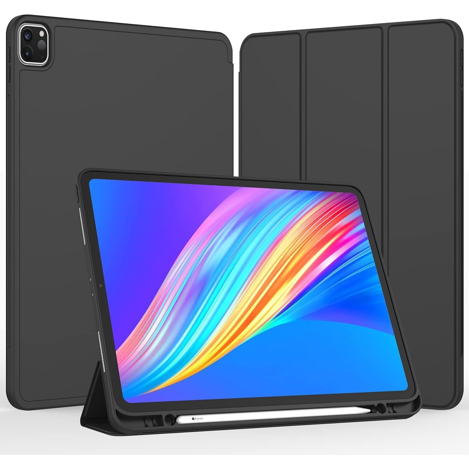 Husa de protectie pentru tableta, potrivita pentru Pro 12, 9-inch (2018/2020/2021/2022 3/4/5/6 generatii)/Air 13-inch (2024), cu tava pentru stilouri, trezire/dormire automata, Negru