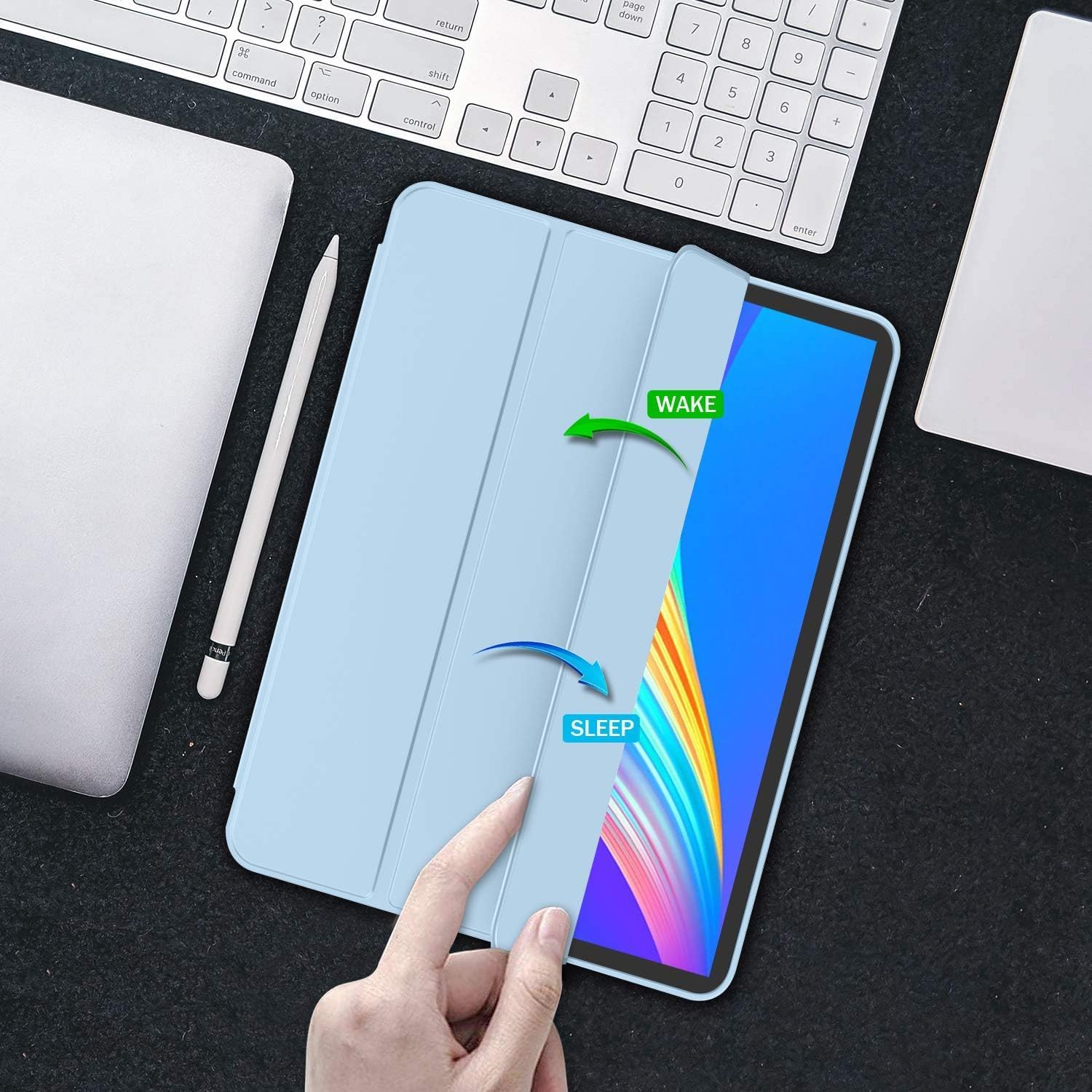 Husa pentru tableta pentru iPad Pro 11 inch, 4/3/2/1 generatie, 2022/2021/2020/2018, usoara si subtire, functie de repaus/trezire automata, cu suport pentru creion, TPU, Ice Blue