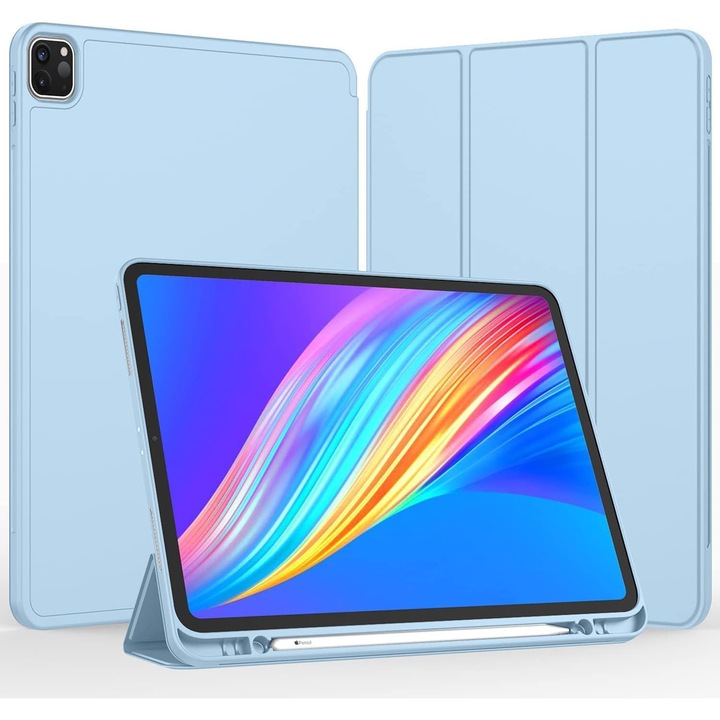Husa pentru tableta pentru iPad Pro 11 inch, 4/3/2/1 generatie, 2022/2021/2020/2018, usoara si subtire, functie de repaus/trezire automata, cu suport pentru creion, TPU, Ice Blue