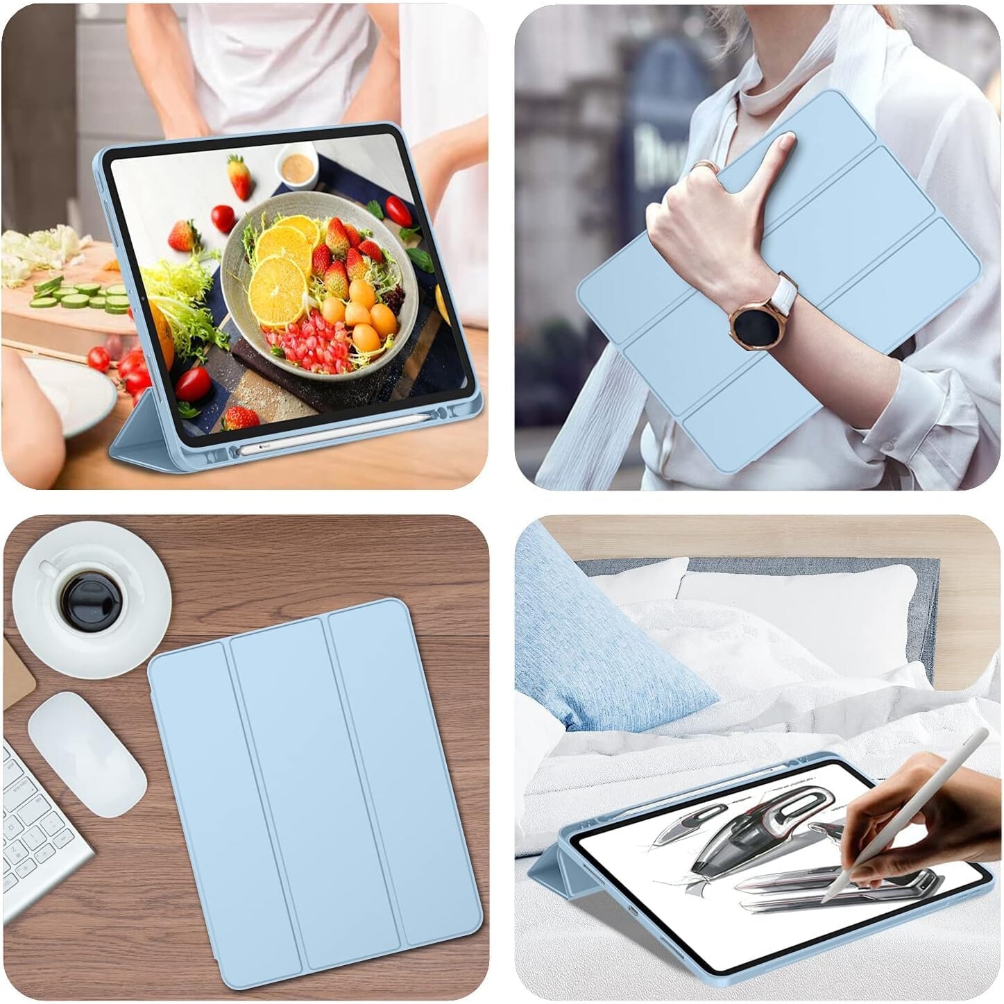 Husa pentru tableta pentru iPad Pro 11 inch, 4/3/2/1 generatie, 2022/2021/2020/2018, usoara si subtire, functie de repaus/trezire automata, cu suport pentru creion, TPU, Ice Blue
