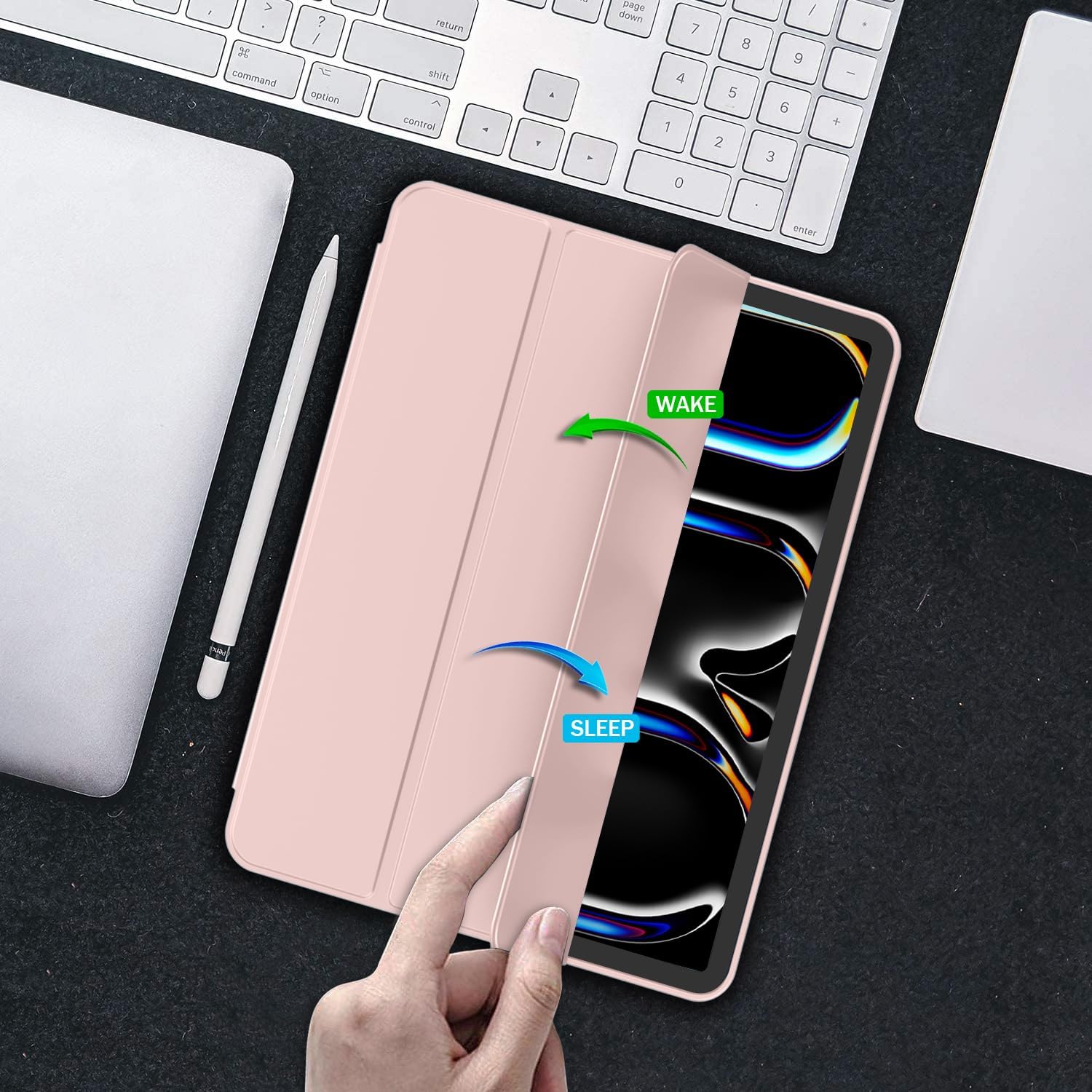Husa de protectie pentru tableta, potrivita pentru Pro 12, 9-inch (2018/2020/2021/2022 3/4/5/6 generatii)/Air 13-inch (2024), cu tava pentru stilouri, trezire/dormire automata, Roz