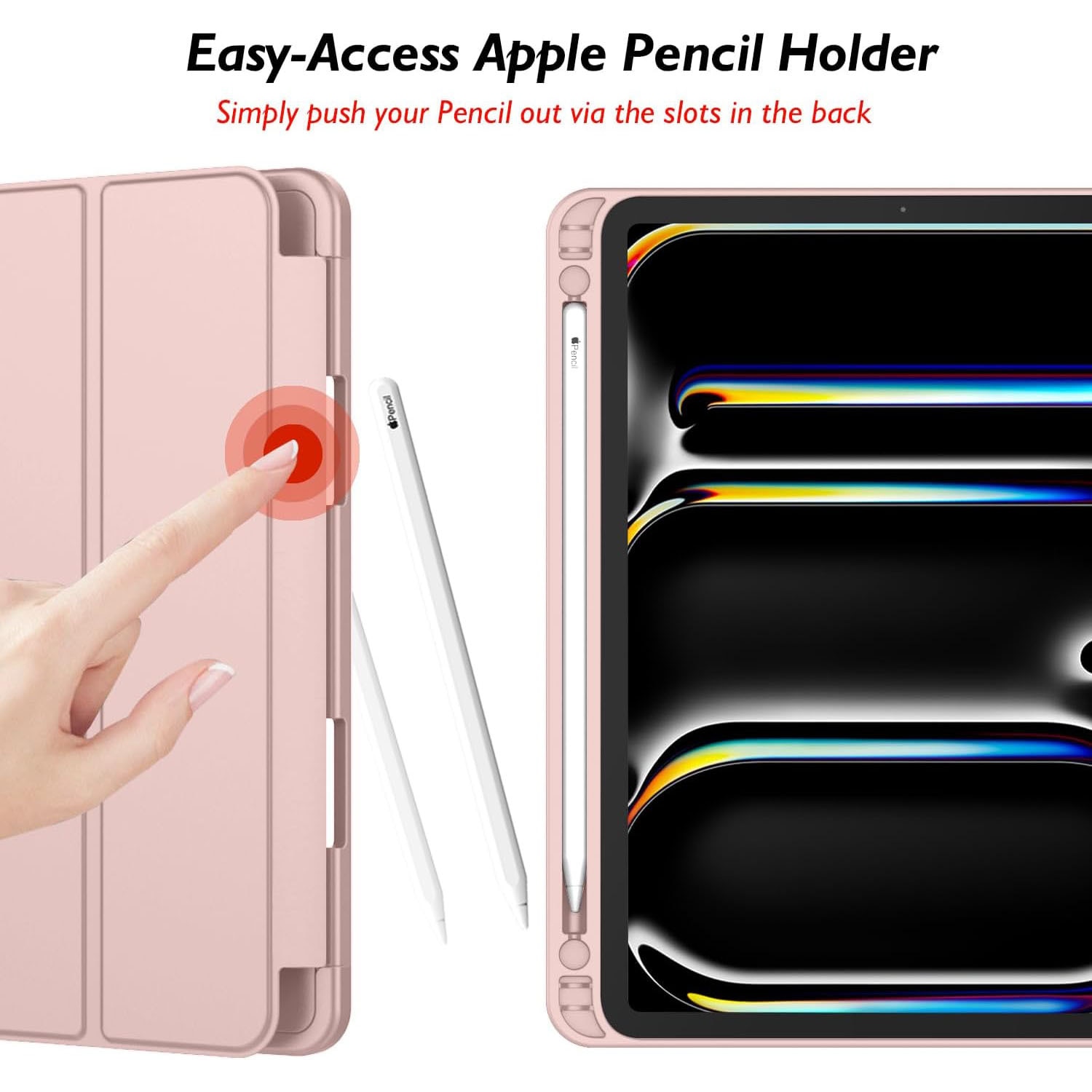 Husa de protectie pentru tableta, potrivita pentru Pro 12, 9-inch (2018/2020/2021/2022 3/4/5/6 generatii)/Air 13-inch (2024), cu tava pentru stilouri, trezire/dormire automata, Roz