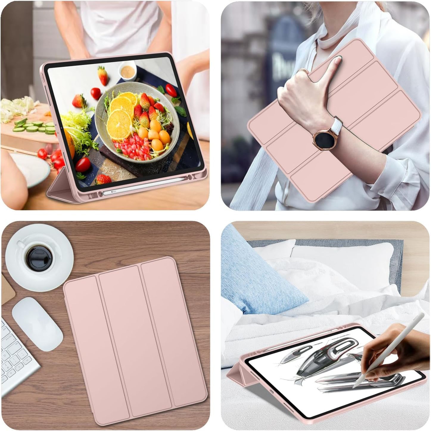 Husa de protectie pentru tableta, potrivita pentru Pro 12, 9-inch (2018/2020/2021/2022 3/4/5/6 generatii)/Air 13-inch (2024), cu tava pentru stilouri, trezire/dormire automata, Roz