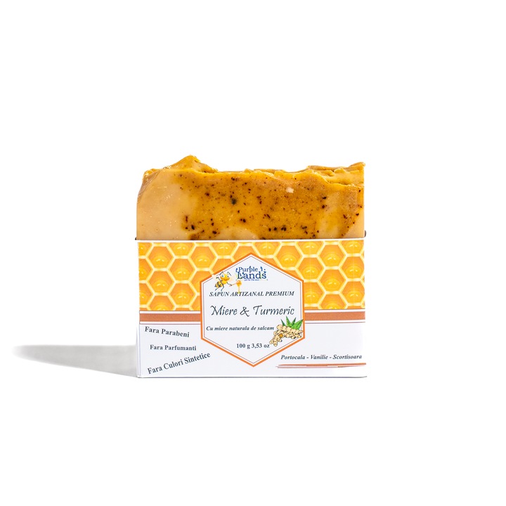 Натурален твърд сапун с мед и куркума - Портокал- Канела- Ванилия, Purple Lands, 100 гр