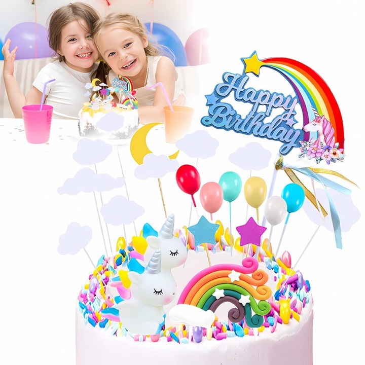 AjieQaQ, Комплект от 21 декорации за торта с магически еднорог - балони с дъга, банер за рожден ден, силиконови звезди и облаци за момчета/момичета
