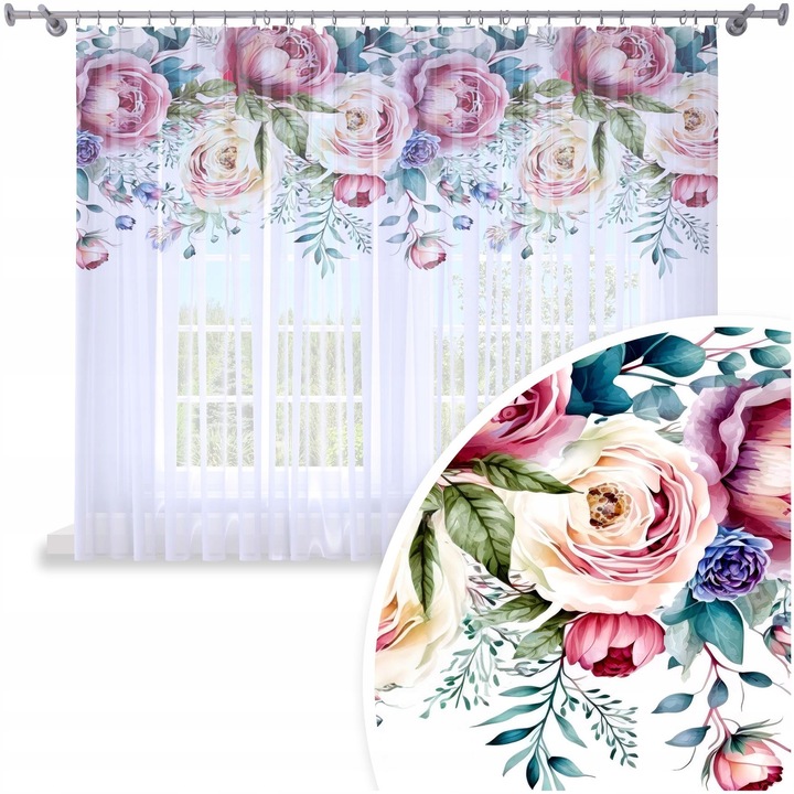 Perdele, Homeview, 400x150 cm, Pentru camera de zi si dormitor, Cu banda de incretire, Lana, Decorativ, Montaj usor, Poliester, Alb cu imprimeu floral