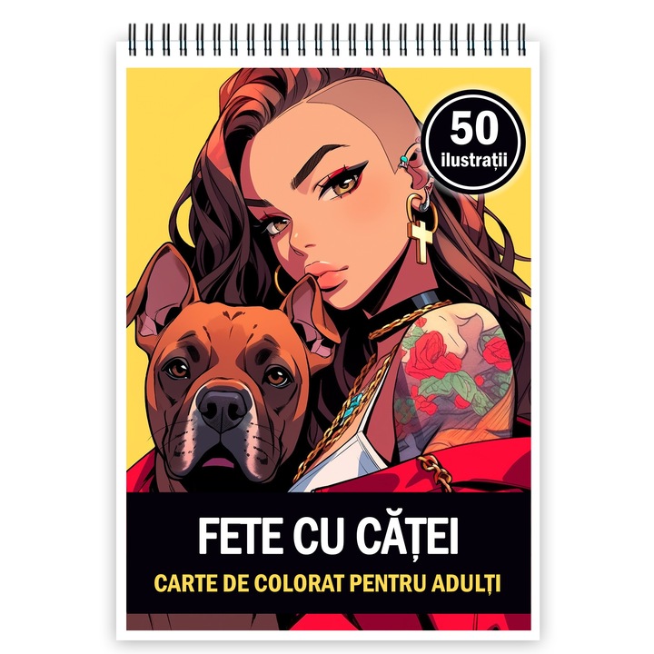 Kifestőkönyv felnőtteknek, 50 illusztráció, Anime lányok kutyákkal, 106 oldal, Cadouri Legendare Kiadó