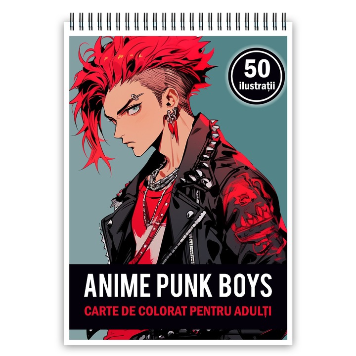 Carte de colorat pentru adulti, 50 de ilustratii Anime Punk Boys, 106 pagini, Editura Cadouri Legendare