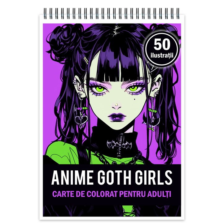 Carte de colorat pentru relaxare si antistres, 50 de ilustratii, Anime Goth Girls, 106 pagini, Format: A5, Editura Cadouri Legendarei