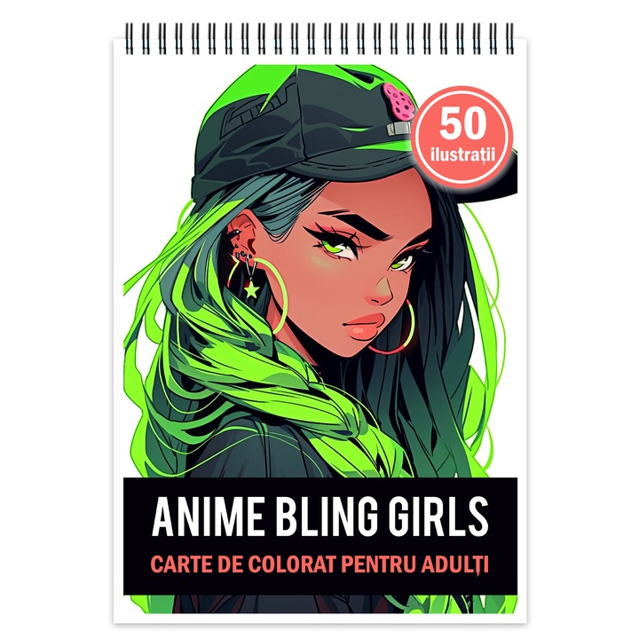 Felnőtt kifestőkönyv, 50 illusztráció, Anime Bling Girls, 106 oldal, Cadouri Legendare Kiadó