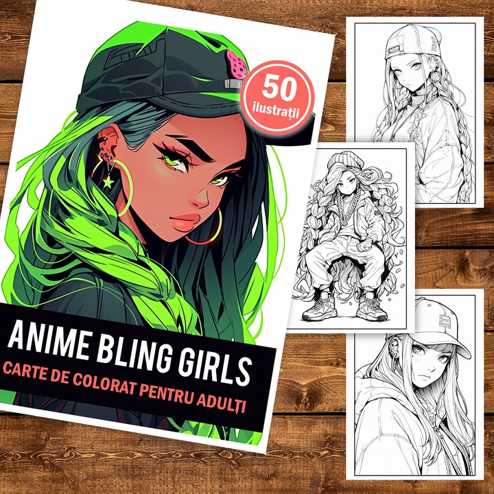 Felnőtt kifestőkönyv, 50 illusztráció, Anime Bling Girls, 106 oldal, Cadouri Legendare Kiadó