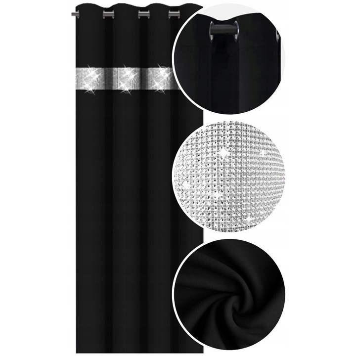 Függöny cirkóniumokkal a szemeken, Now-Art, 145x240 cm, 140 cm széles, Áttetsző, Sűrű anyag, Gyűrődésmentes, Nappaliba, Fekete