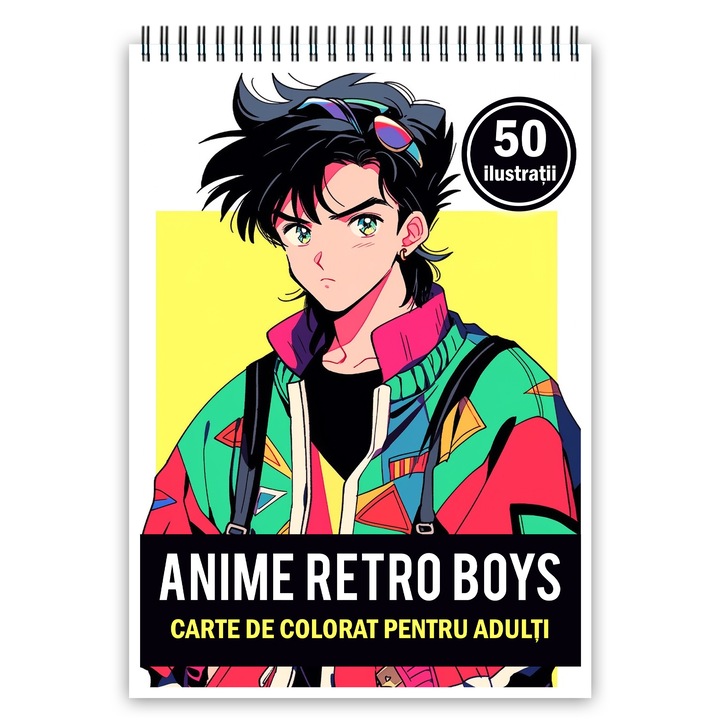 Carte de colorat pentru adulti, 50 de ilustratii Anime Retro Boys, 106 pagini, Editura Cadouri Legendare