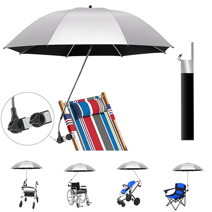 Umbrela pentru carucior, 190T, cu factor de protectie 50+, ajustabila la 360 grade, sistem de prindere reglabil, brat flexibil, material impermeabil, potrivire cu majoritatea carucioarelor, pentru scaune de plaja, scaune cu rotile, Camping, pescuit
