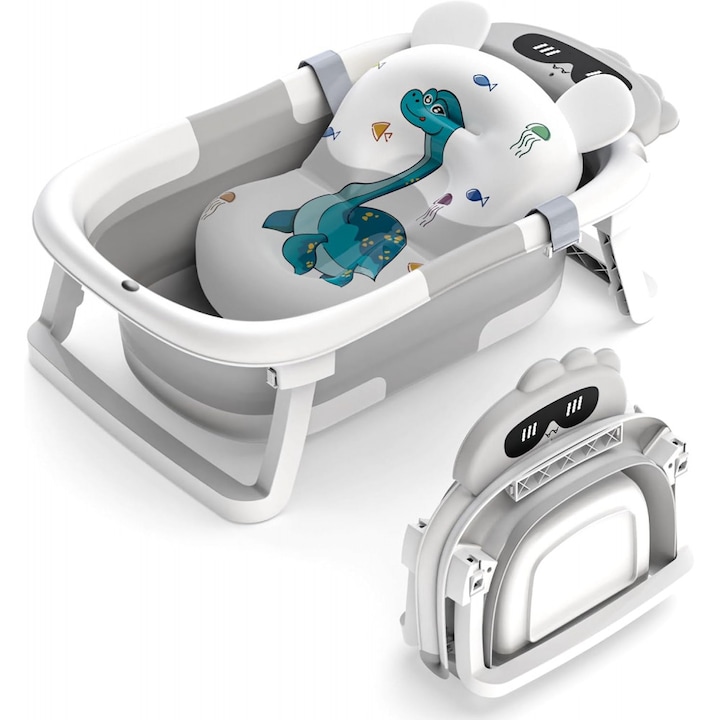 Cadita bebelusi ultrapliabila Little Mom Turtle Grey, cu pernuta moale detasabila, termometru incorporat, display digital, suport dus, sistem de agatare, dop pentru evacuarea apei, material non-toxic