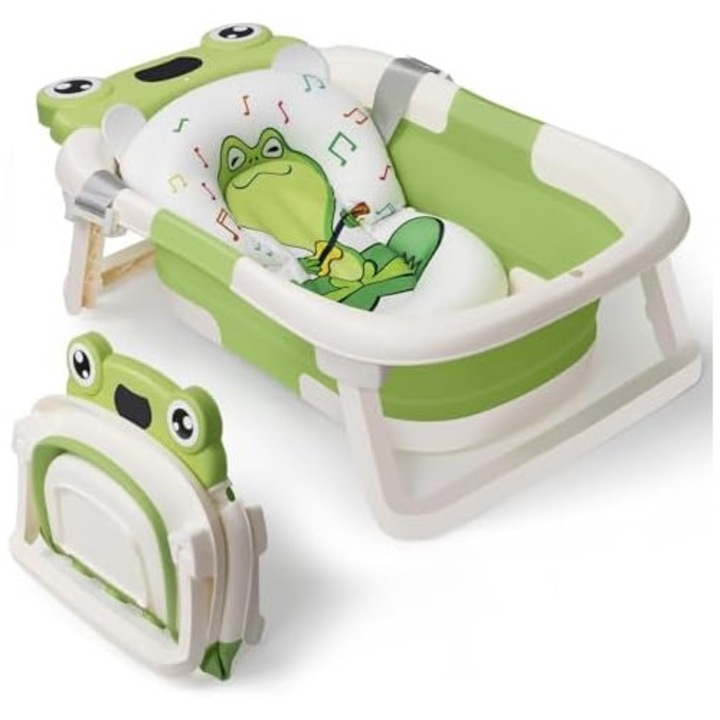 Cadita bebelusi ultrapliabila Little Mom Green Frog, cu pernuta moale detasabila, termometru display digital, suport cap de dus, dop pentru evacuarea apei, material Non-Toxic