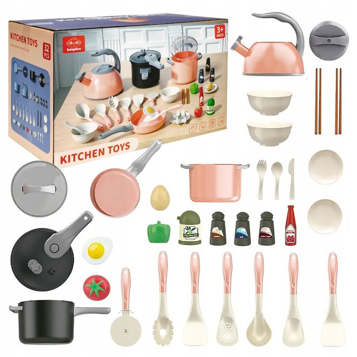 Set de gatit pentru copii, vase XXL, oala de orez, boluri, farfurii, multicolor, 3 ani