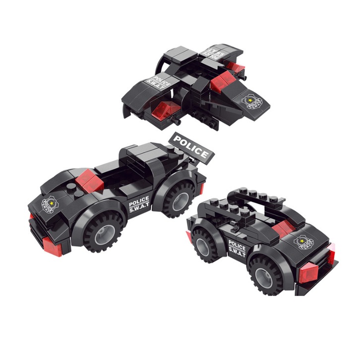 Set de constructie 3-in-1 Politie SWAT, ANCIBI, Masina, Avion, Masina Blindata, Set complet, Pentru creativitate si imaginatie, Pentru copii intre 4-6 ani, Negru