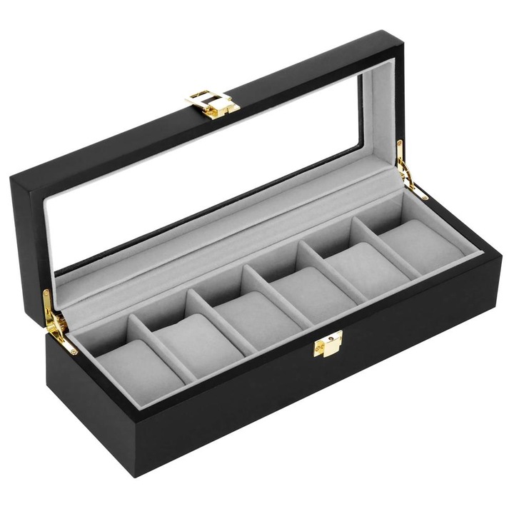 Кутия за съхранение и организиране на часовник, MDF, еко кожа, 31, 5x11x8 см, черна