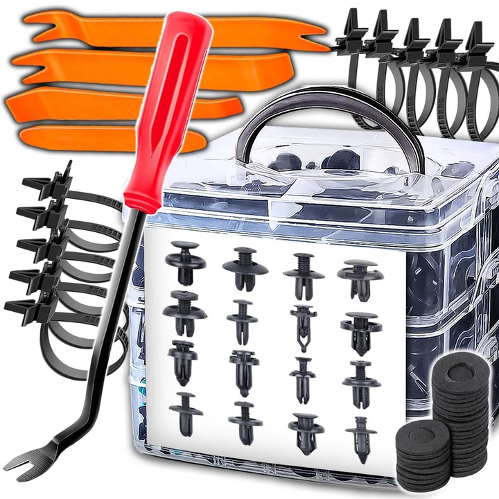 Set 663 clipsuri universale, Renew Force, Sortiment de elemente de fixare auto bara protectie, 10 legaturi pentru cabluri si dispozitive de indepartare a elementelor de fixare CPPS-663