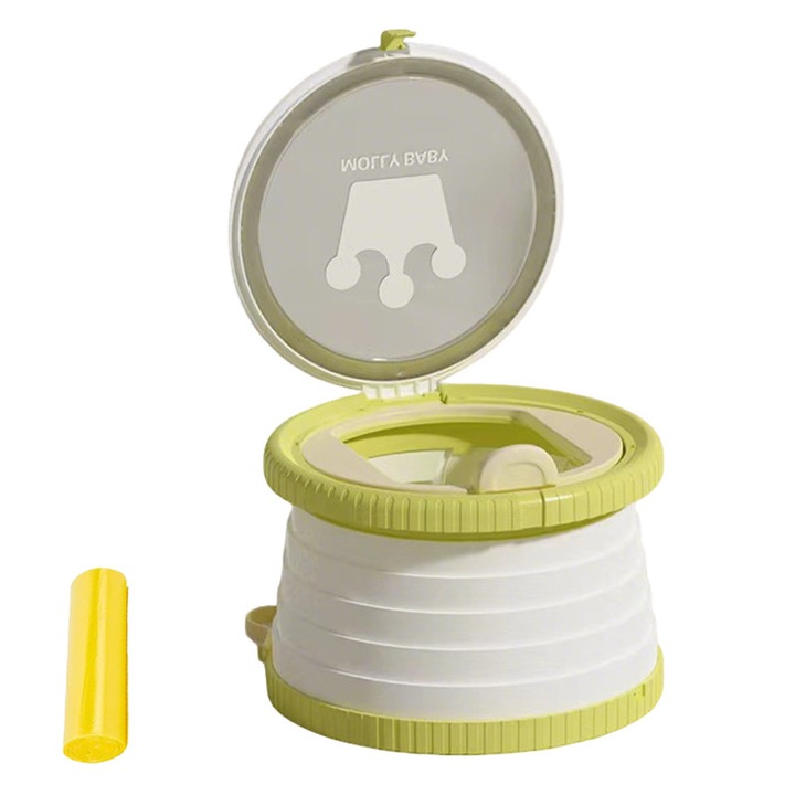 Toaleta portabila pentru copii, Momcbebe, design ergonomic, material ABS, verde, set cu 15 saci de gunoi, 25x4cm