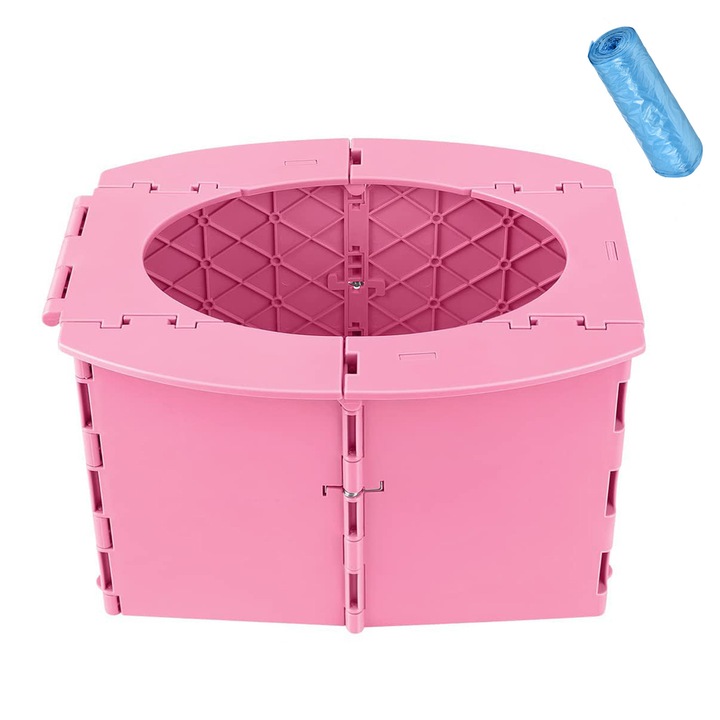 Toaleta portabila pliabila, Momcbebe, design compact, roz, 14.5x12x3.8cm, set cu 15 saci de gunoi