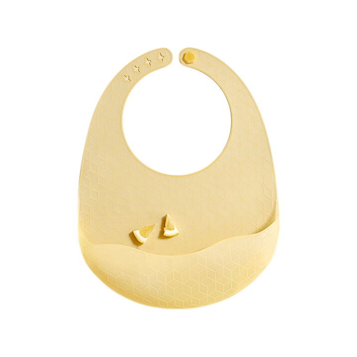 Bavetica din silicon pentru diversificare cu buzunar, Sayoyo, Usor de Curatat, Confortabila si Practica pentru Bebelusi, Galben