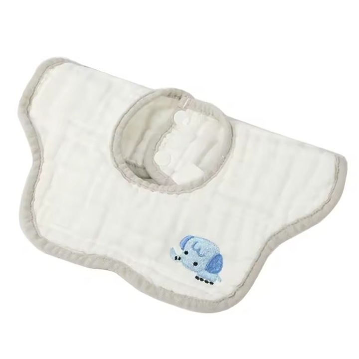 Baveta Tip Floare, Leski, din Bumbac, pentru Copii 0-12 Luni, Rezistenta la apa, 8 Straturi, Model Tricotat cu Elefantel, 26 x 29 cm, Alb