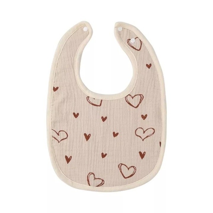 Flippy U-alakú előke, pamut, 0-12 hónapos babáknak, vízálló, pattintható, szívmintás, 21x30 cm, bézs