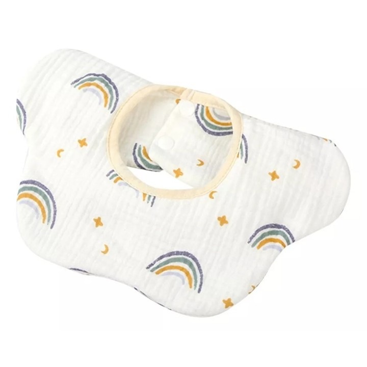 Baveta Tip Floare, Leski, din Bumbac, pentru Copii 0-12 Luni, Rezistenta la apa, cu Capse, Model Curcubeu, 26 x 29 cm, Alb