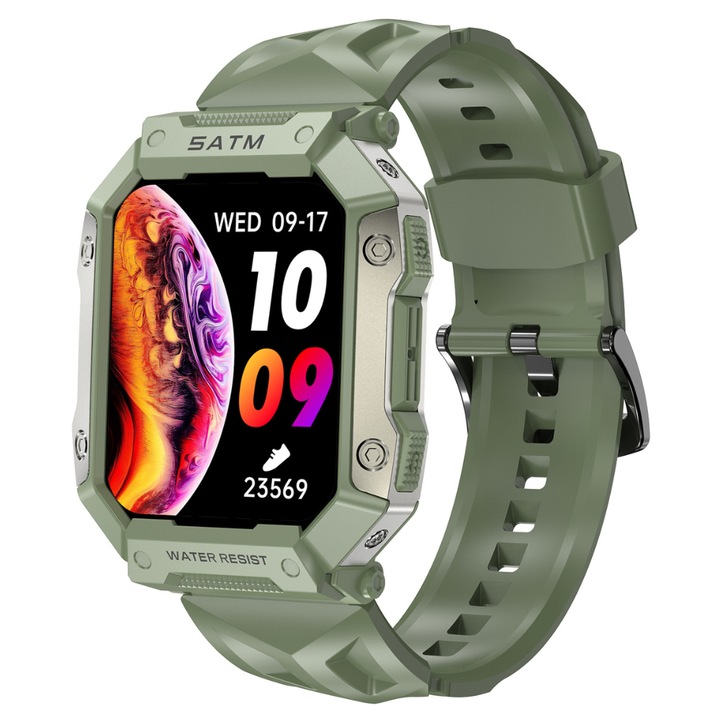 Okosóra, PG333, okos, fitnesz, sport, alvásfigyelés és egészségügyi mutatók, pulzusszám, vérnyomás, SpO2, szilikon szíj, zöld, ZGfit