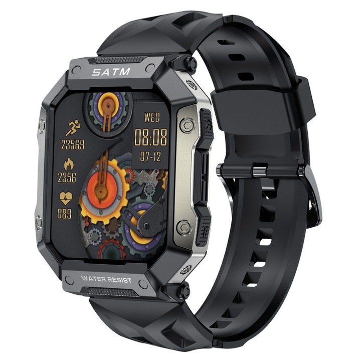 Okosóra, PG333, okos, fitnesz, sport, alvásfigyelés és egészségügyi mutatók, pulzusszám, vérnyomás, SpO2, szilikon szíj, fekete, ZGfit