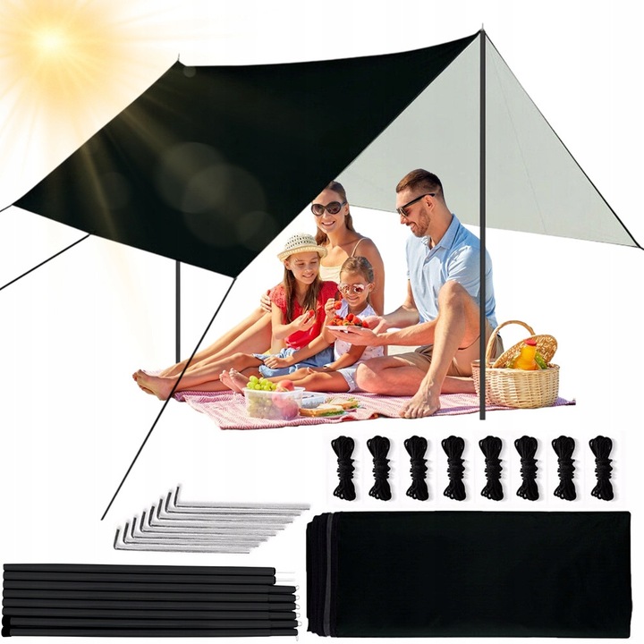 Prelata de camping cu stalpi, baldachin de camping de 3 m*3 m, prelata de cort rezistenta la apa, Adapost de ploaie pentru camping, picnic, plaja, activitati in aer liber, foarte mare, usoara si rezistenta la UV