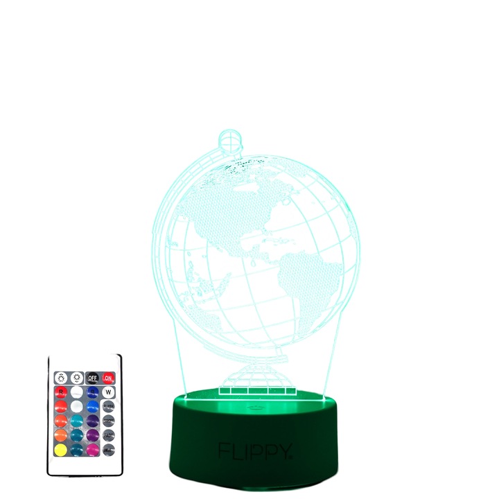 Lampa LED decorativa, 3D, Globul Pamantesc, doua moduri de alimentare USB si baterii, 20 cm inaltime, din material acril si lumina multicolora, alb