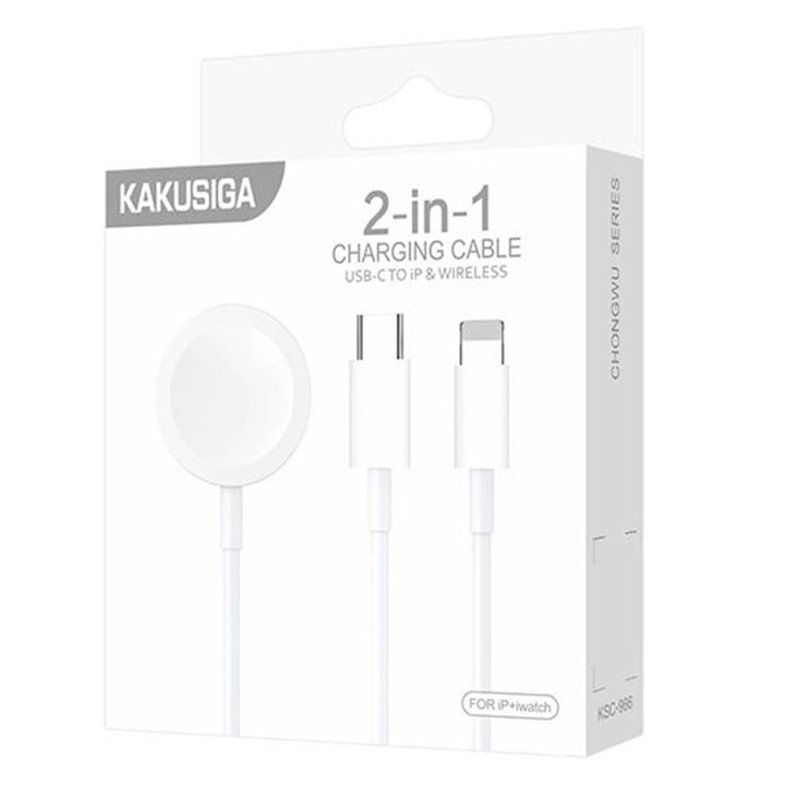 Kaku vezeték nélküli töltő (KSC-966), 5V, Qi töltés, kettős csatlakozó, USB-C / Lightning, fehér
