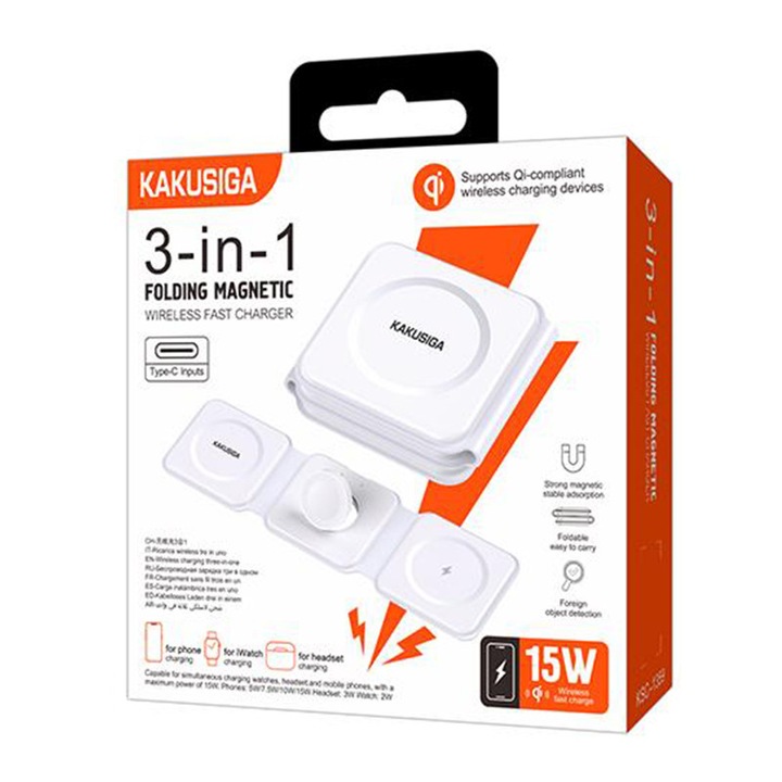 Incarcator Wireless Kaku (KSC-1359), 15W, Qi Charging, Fast Charging, Foldable, White