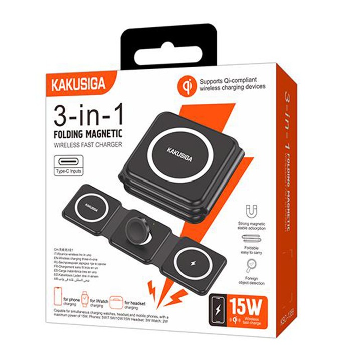 Incarcator Kaku (KSC-1359) Wireless, 15W, Qi Charging, Fast Charging, Foldable, Black