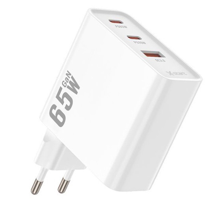 Мрежово зарядно устройство GaN 65W X-Start DaDen® CDQ088, бързо зареждане, 3.0 супер бързо зареждане, 3 порта, захранване, бяло