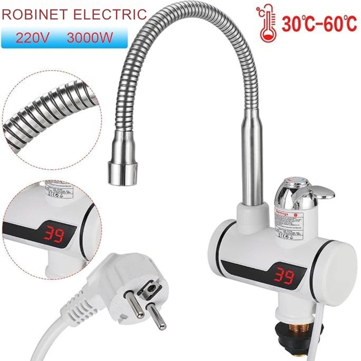 Robinet Electric Gardeon®, Cu Incalzire Instant Apa Calda, Pipa FLexibila, Afisaj Digital, Montare Usoara pe Chiuveta, Temperatura Maxima 60°C, Putere 3000W