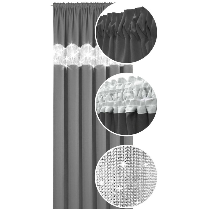 Декоративна завеса, Now-Art, 145x180 см, Панама еластична завеса, Полупрозрачна, Висяща на лента, За хола, Елегантен интериорен аксесоар, Сив