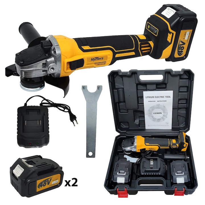 Polizor unghiular cu 2 acumulatori 48V, 5 Ah, Diametru disc 125 mm, 8100 Rpm, Galben