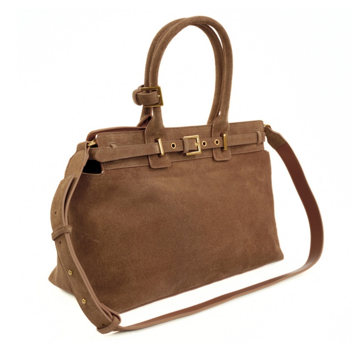 Geanta dama din piele intoarsa cappuccino Solier FL41 Liv, format A4, cu catarame, accesorii aurii, curea de umar, eleganta, pentru birou si zilnic