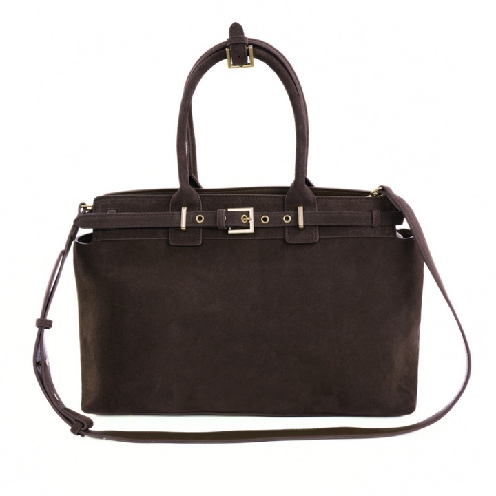 Geanta dama din piele intoarsa maro inchis Solier FL41 Liv, format A4, cu catarame, accesorii aurii, curea de umar, eleganta, pentru birou si zilnic