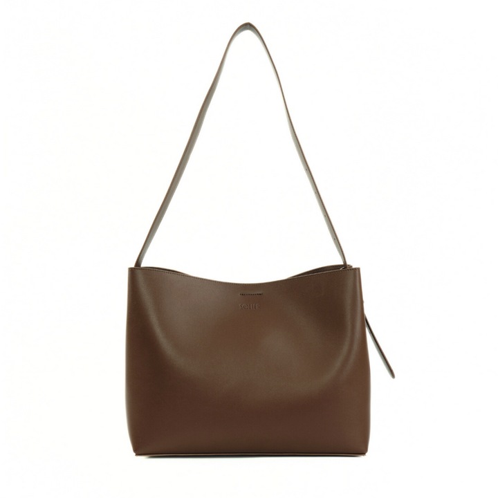 Geanta dama din piele Solier FL40 Ellise, shopper, format A4, cu catarama decorativa, curea reglabila, eleganta, pentru birou si zilnic, Maro inchis, 34 x 27 x 14 CM