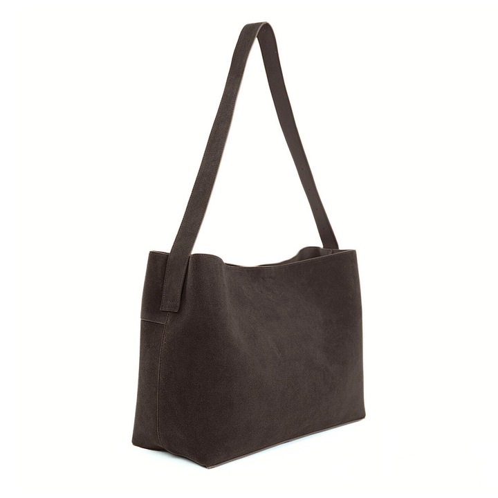 Geanta dama din piele intoarsa ciocolatie Solier FL39 Maya, shopper, A4, cu catarama, curea reglabila, incapatoare, eleganta, pentru birou si zilnic