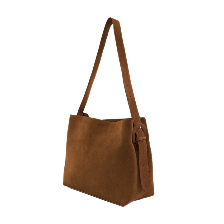 Дамска кафява велурена чанта Solier FL38 Sienna, шопер, А4, с катарама, регулируема презрамка, просторна, елегантна, за офис и ежедневие