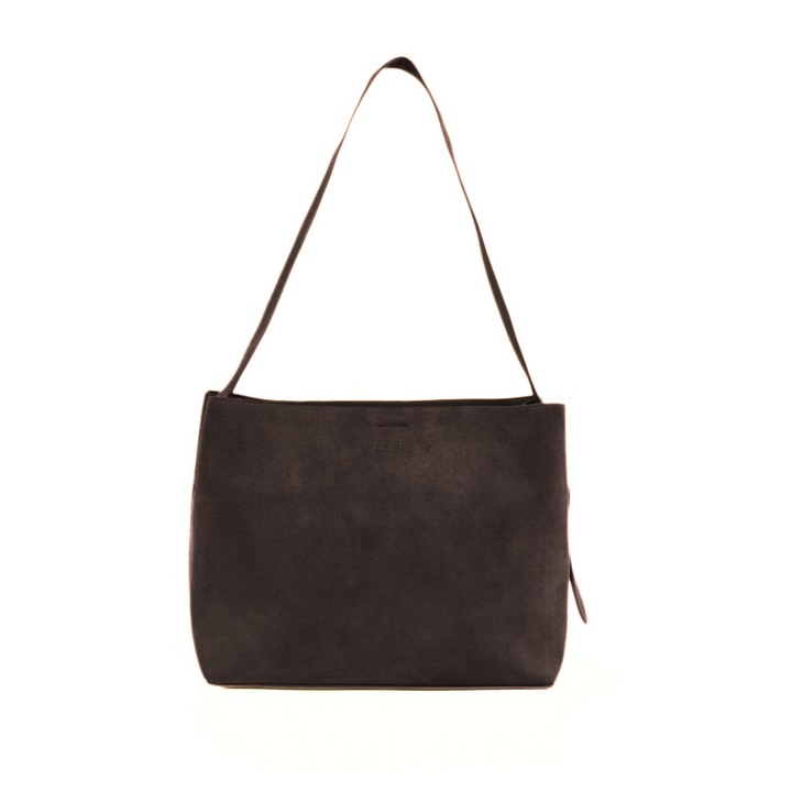 Geanta dama din piele intoarsa Solier FL38 Sienna, shopper, A4, cu catarama, curea reglabila, incapatoare, eleganta, pentru birou si zilnic, Ciocolatiu, 40 x 29 x 15 cm