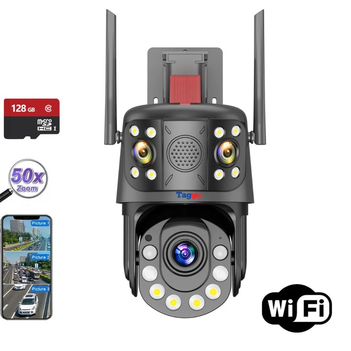 Taggo WIFI 9K térfigyelő kamera, 50X, 3 lencse, Alkalmazásvezérlés, Emberérzékelés, IP66 vízállóság, 128 GB-os kártya